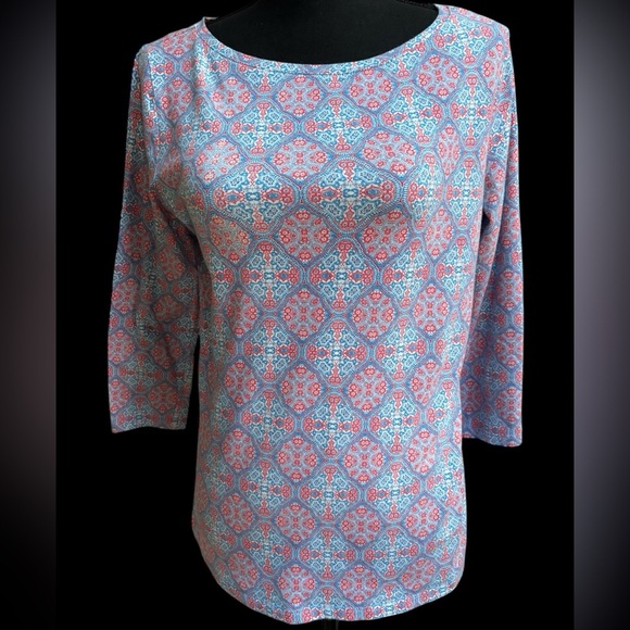 TALBOTS DAMAST PINK & BLUE CASUAL COLORFUL PRINT SUMMER TOP/ BLOUSE SZ MED💕 - Picture 1 of 5